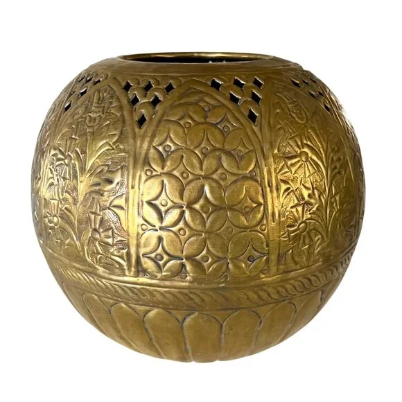 Vintage Large Brass Round Sphere Planter Floral Thistle Geometric Designs 11" - Picture 2 of 11